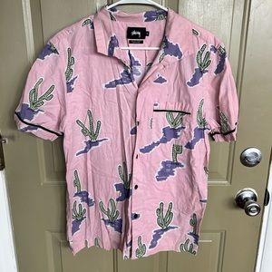 Stussy button down tee, pink with cacti, medium